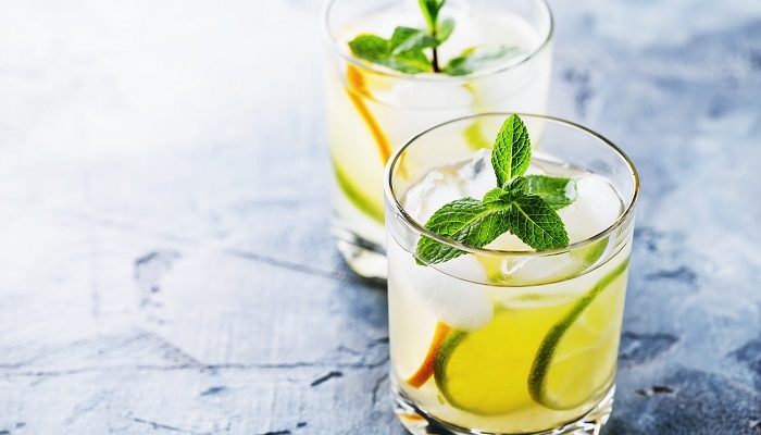 Invigorating tonic with lemon, lime and mint in transparent glasses on the table with copy space