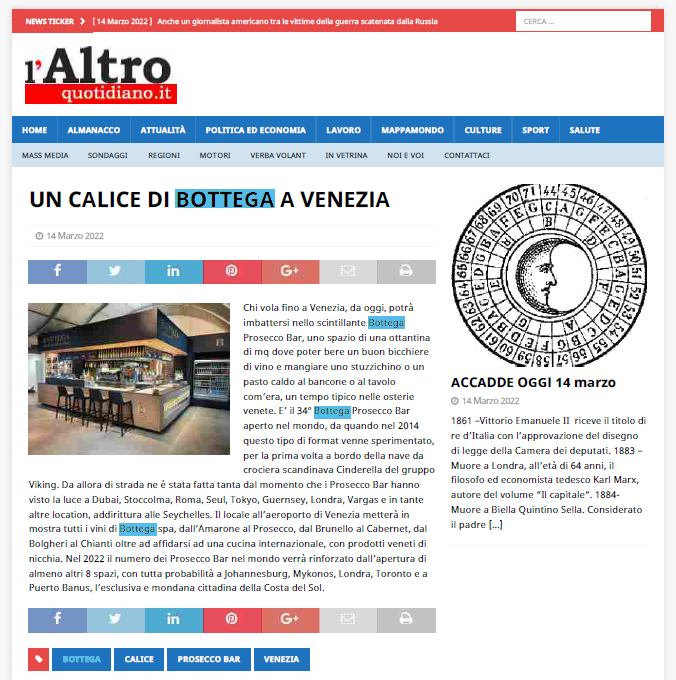 Bottega apre il nuovo Prosecco Bar all'aeroporto di Venezia