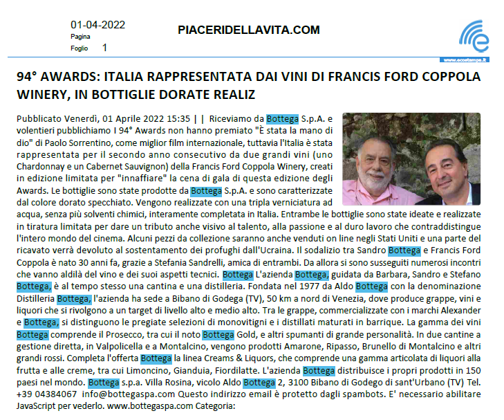 Collaborazione tra Coppola Winery e bottega per i 94 academy awards