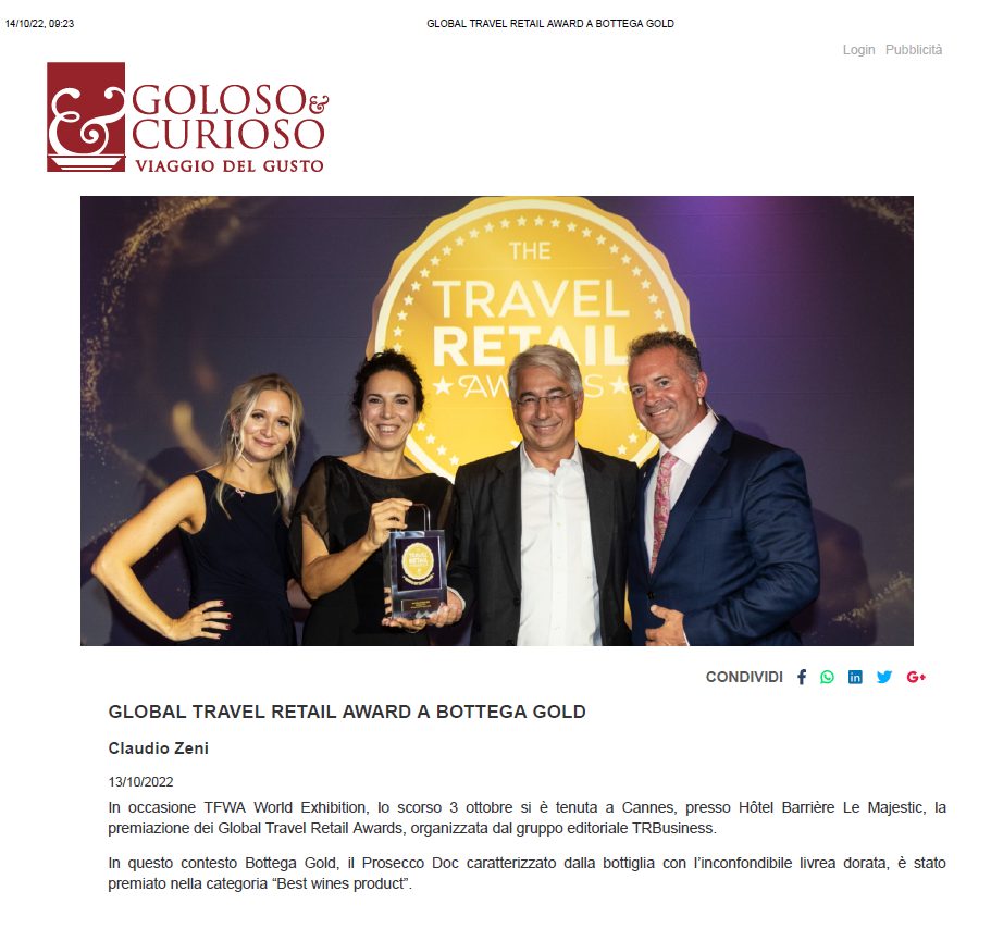Bottega premiato ai Global Travel Retail Award