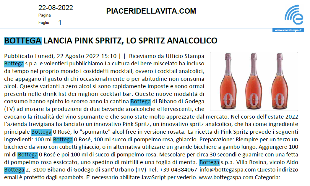 Bottega lancia Pink Spritz lo spritz analcolico