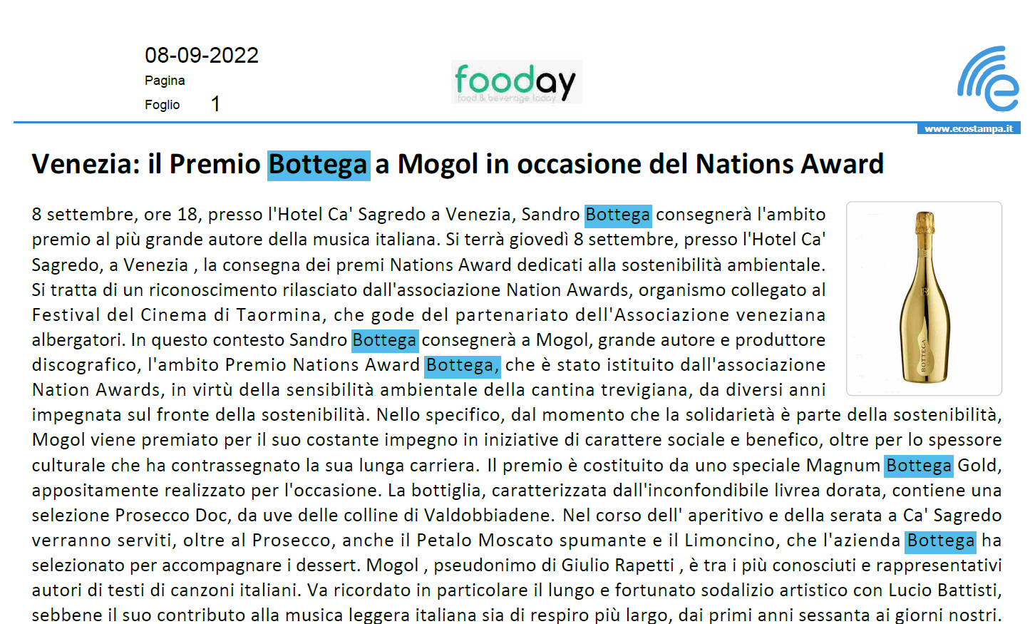 Ai Nations Award il premio Bottega va a Mogol