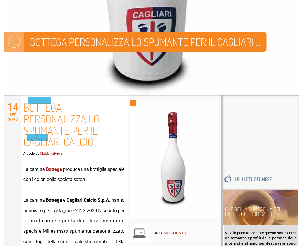 Bottega personalizza lo spumante per il Cagliari calcio
