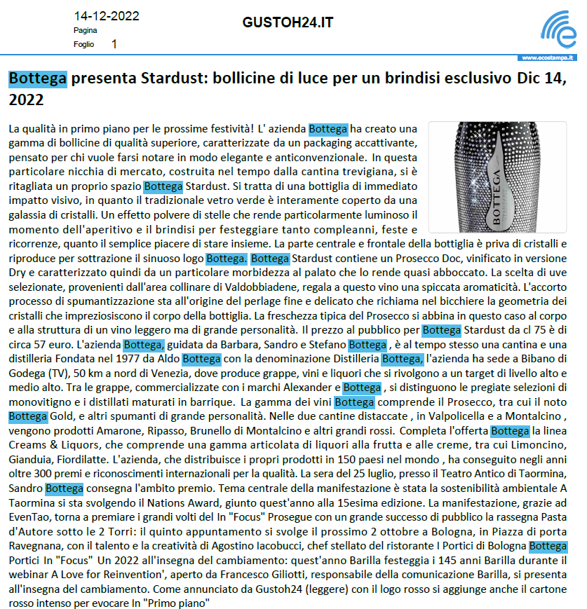 Bottega Stardust il vino spumante per le feste