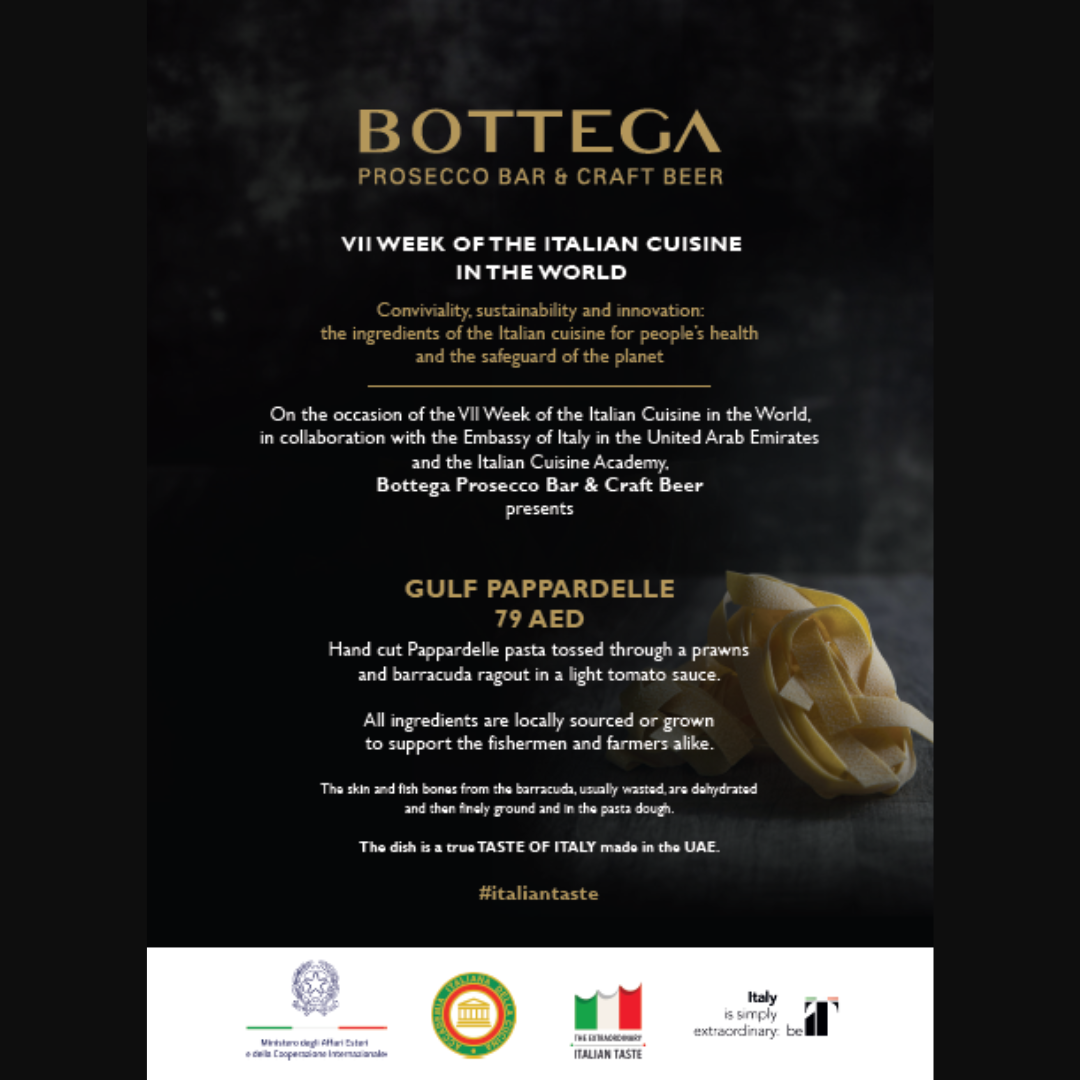 Bottega Prosecco Bar menu for the Week of the Italian cuisine in the world 2022